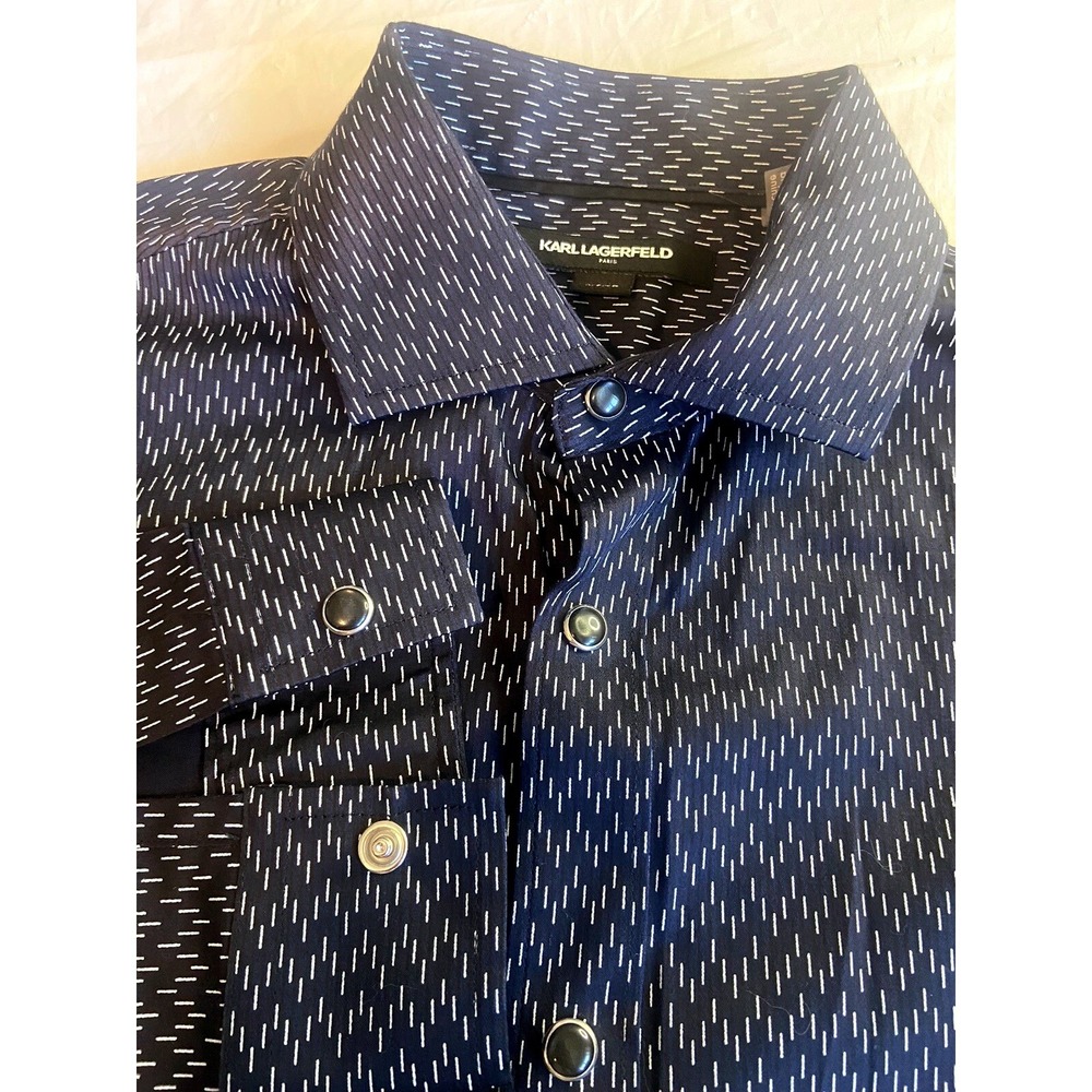 Karl Lagerfeld Paris Mens Navy White Dash Print‎ Button Down Shirt Small S/P/CH